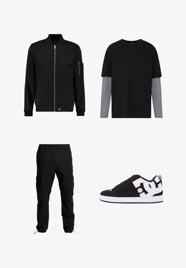 Schwarze Bomberjacke mit goldenen Reißverschluss, gerippten Bündchen und einer aufgesetzten Tasche am linken Ärmel. Aus glattem Stoff gefertigt und mit lockerer Passform.; Schwarzes T-Shirt mit kurzen Ärmeln, einfarbiger Vorderseite und langen gestreiften Ärmeln in Schwarz und Weiß. Einfaches Rundhalsdesign, lässige Passform.; Schwarze Cargo-Hosen aus strapazierfähigem Stoff, mit elastischem Bund, verstellbaren Kordeln und Seitentaschen mit Klappen.; Schwarzer Sneaker mit weißen Akzenten und Logo. Verfügt über eine runde Zehenpartie, eine gepolsterte Sohle, flache Schnürsenkel und ein glattes Obermaterial. Seitenansicht.