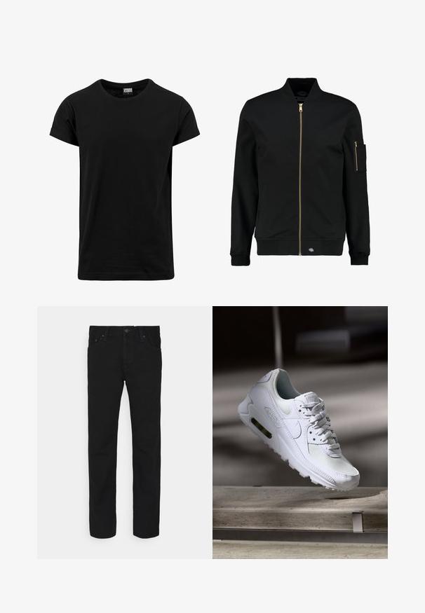 Schwarze Bomberjacke mit goldenen Reißverschluss, gerippten Bündchen und einer aufgesetzten Tasche am linken Ärmel. Aus glattem Stoff gefertigt und mit lockerer Passform.; Schwarzes T-Shirt aus Baumwolle, mit klassischem Rundhalsausschnitt, kurzen, umgeschlagenen Ärmeln und geradem Saum. Einfaches, einfarbiges Design ohne Muster.; Schwarze gerade geschnittene Jeans mit Knopf und Reißverschluss vorne, Fünf-Taschen-Design, auf einem weißen Hintergrund präsentiert.; Weiße Nike Air Max 90 Sneaker mit einem Obermaterial aus Mesh und Leder, durchlässigem Zehenbereich und einer sichtbaren Air-Einheit in der Ferse.