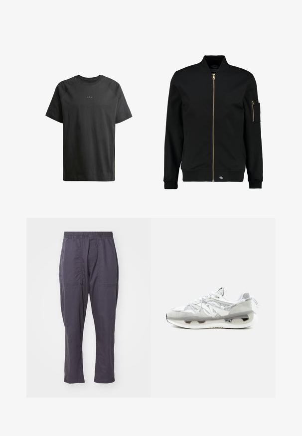 Schwarze Bomberjacke mit goldenen Reißverschluss, gerippten Bündchen und einer aufgesetzten Tasche am linken Ärmel. Aus glattem Stoff gefertigt und mit lockerer Passform.; Schwarz Baumwoll-T-Shirt mit kurzen Raglanärmeln, das ein dezentes eingeprägtes Logo auf der Brust und eine durchgehend glatte Textur aufweist.; Dunkelgraue, leichte Hosen mit einem elastischen Bund, zwei Fronttaschen, geradem Bein-Design und glatter Textur.; Weißer und grauer Sportschuh mit Mesh-Gewebe, dicker gepolsterter Sohle, sichtbarer Luftdämpfung und Schnürverschluss, seitlich gezeigt.