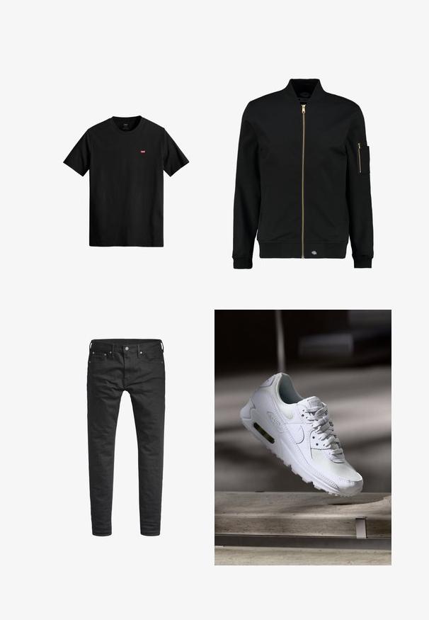 Veste bombardier noire avec une fermeture éclair dorée, des poignets côtelés et une poche en patch sur la manche gauche. Fabriquée en tissu lisse, elle présente une coupe décontractée.; T-shirt en coton noir avec un col rond, des manches courtes et un petit logo rouge Levi's sur la poitrine gauche. Design léger et simple.; Jeans noirs slim-fit avec poches avant, passants de ceinture, et fermeture à bouton, présentés sur un fond blanc.; Sneaker Nike Air Max 90 blanche avec une tige en mesh et cuir, une boîte à orteils perforée et une unité air visible au talon.