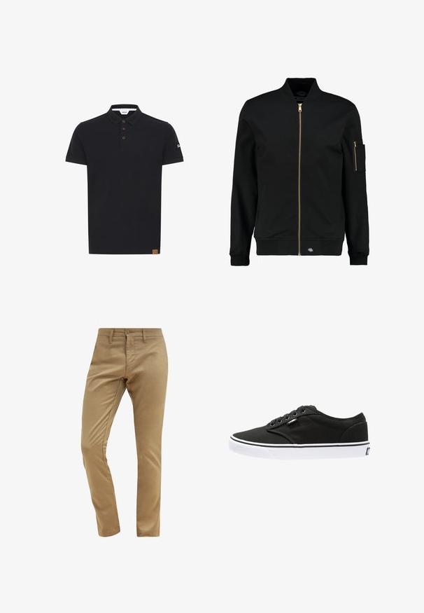 Chaqueta bomber negra con una cremallera dorada, puños acanalados y un bolsillo con parche en la manga izquierda. Confeccionada en una tela suave, presenta un corte relajado.; Camisa polo negra de color sólido, con un cuello clásico, tapeta de tres botones marrones y un parche texturizado con el logo en la manga.; Chinos beige con una textura suave, ajuste slim, cierre de botón y presillas para cinturón, que presentan un diseño de bolsillo frontal estándar.; Zapatillas de lona negras con suelas de goma blancas, punta redondeada, cinco ojales, branding mínimo y costuras en blanco y negro.