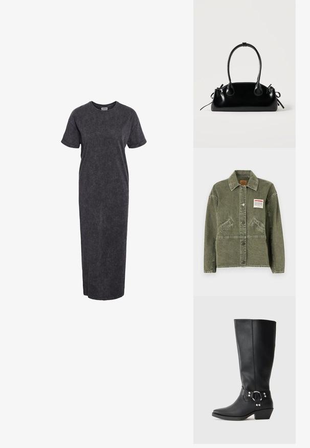 American Vintage UZATOWN - Teksajakk - olive; Hallide, põlve pikkune t-särgidress pehmest materjalist, lühikeste varrukatega ja mugava lõikega, millel on peen kivipesu tekstuur.; Mustad musta nahast kuni põlveni ulatuvad saapad terava nina ja dekoratiivse pahkluu rihmaga, millel on hõbedased detailid. Madal, kahlitav konts.; Väike must läikiv käekott kahe pika sangaga ja külgedel paelakinnitustega, ühel lihtsal helel taustal.