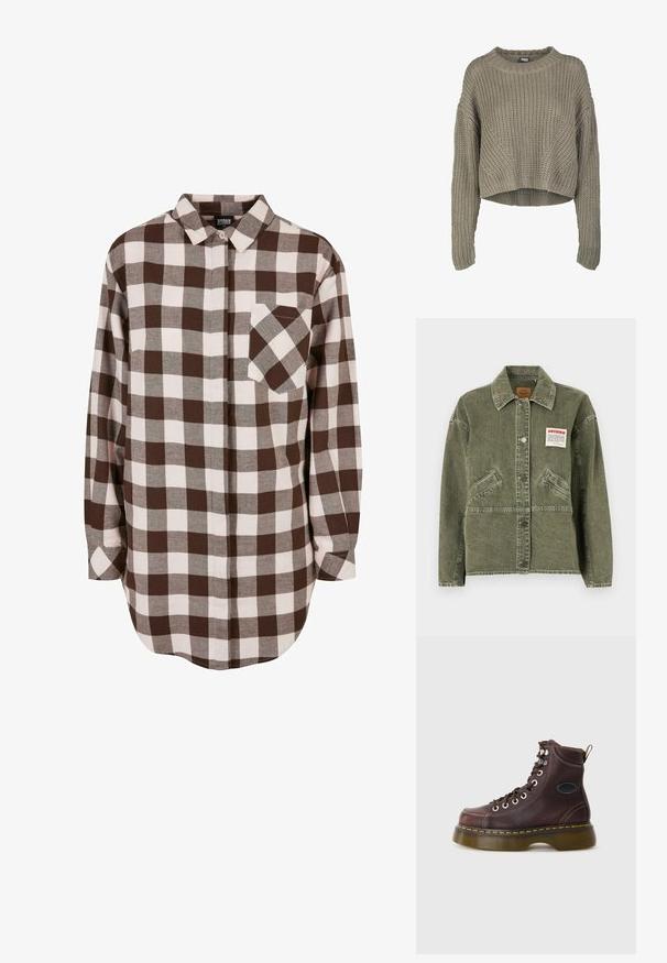 American Vintage UZATOWN - Cowboyjakker - olive; Olivengrøn, kort striktrøje med et tekstureret mønster, rund hals og lange ærmer. Tykt ribkant ved kanten og ærmerne.; Brun og hvidt ternet flannelskjorte med lange ærmer, knaplukning foran og en enkelt brystlomme. Blød tekstur og afrundet kant.; Brun læder ankelstøvle med tekstureret overflade, sølv øjer og gul syning. Har en kraftig gennemsigtig sål og en trækstrop.