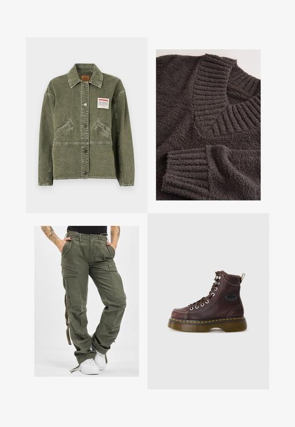 American Vintage UZATOWN - Jeansjacke - olive; Dunkelgrauer Sweatshirt aus Frottee mit einem gerippten Kragen und Bündchen, weicher Textur und entspanntem Design. Keine sichtbaren Verschlüsse.; Olivgrüne Cargo-Hosen mit mehreren Taschen, Kordelzugbund und lockerer Passform. Der Stoff hat eine weiche Textur und wirkt robust und langlebig.; Braune Leder-Ankle-Boots mit strukturierten Oberflächen, silbernen Ösen und gelben Nähten. Verfügt über eine robuste, transparente Sohle und eine Zuglasche.