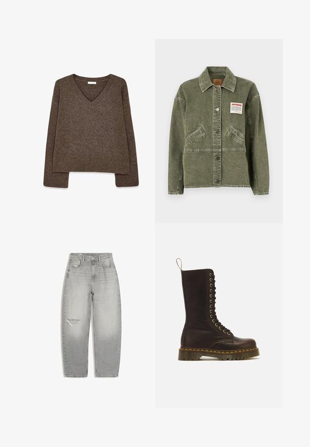 American Vintage UZATOWN - Veste en jean - olive; Pull en maille marron avec un col en V, manches longues, coupe légèrement courte et ourlet côtelé. Texture douce avec une finition lisse.; Jean gris clair taille haute avec fermeture par bouton et fermeture éclair, poches avant et déchirure usée sur la cuisse gauche.; Botte haute en cuir marron foncé à lacets, couture jaune, semelle épaisse rainurée et boucle de tirage à l’arrière.