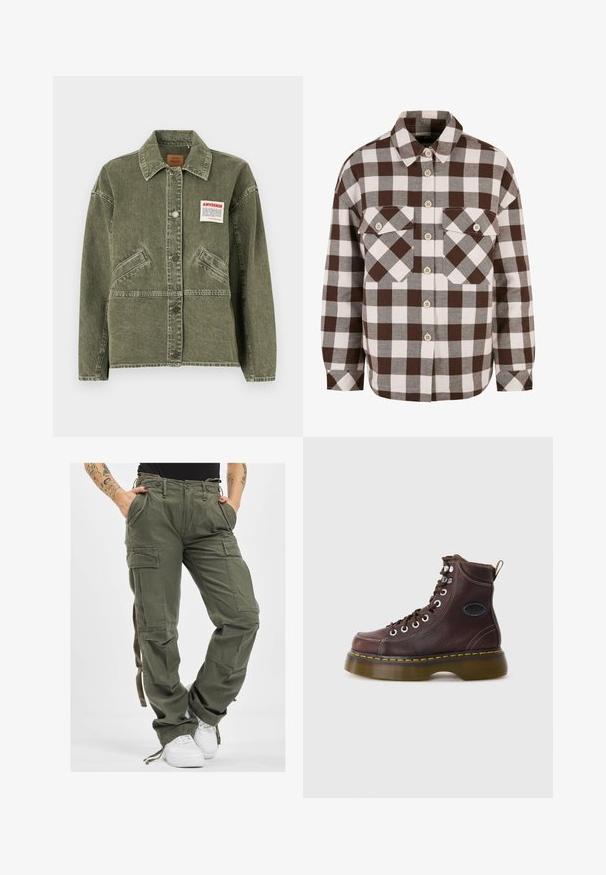 American Vintage UZATOWN - Jeansjacke - olive; Braun-weißer Karo-Hemd mit Knöpfen, zwei Brusttaschen, klassischem Kragen und durchgehender Knopfleiste. Weicher Stoff.; Olivgrüne Cargo-Hosen mit mehreren Taschen, Kordelzugbund und lockerer Passform. Der Stoff hat eine weiche Textur und wirkt robust und langlebig.; Braune Leder-Ankle-Boots mit strukturierten Oberflächen, silbernen Ösen und gelben Nähten. Verfügt über eine robuste, transparente Sohle und eine Zuglasche.