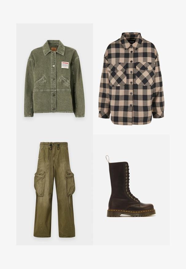 American Vintage UZATOWN - Denimová bunda - olive; Károvaná flanelová košeľa v béžovej a tmavošedej farbe. Obsahuje predný zapínací panel, dve náprsné vrecká a golier, ktorý sa dá rozopnúť. Voľný strih.; Olivové cargo nohavice s voľným strihom, elastickým pásom, šnúrkou, dvoma bočnými vreckami a dvoma veľkými cargo vreckami. Svetlé opotrebovanie.; Vysoká tmavohnedá kožená šnurovacia členková obuv so žltým prešitím, hrubou ryhovanou podrážkou a ťahacou slučkou na zadnej strane.