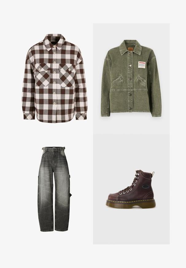 American Vintage UZATOWN - Cowboyjakker - olive; Brun og hvid plaid knap-op skjorte med to brystlommer, der har en klassisk krave og knap-ned foran. Blød stofstruktur.; Sorte jeans med vide ben, høj talje, forlommer og bæltestropper, med en lomme detalje på højre ben.; Brun læder ankelstøvle med tekstureret overflade, sølv øjer og gul syning. Har en kraftig gennemsigtig sål og en trækstrop.