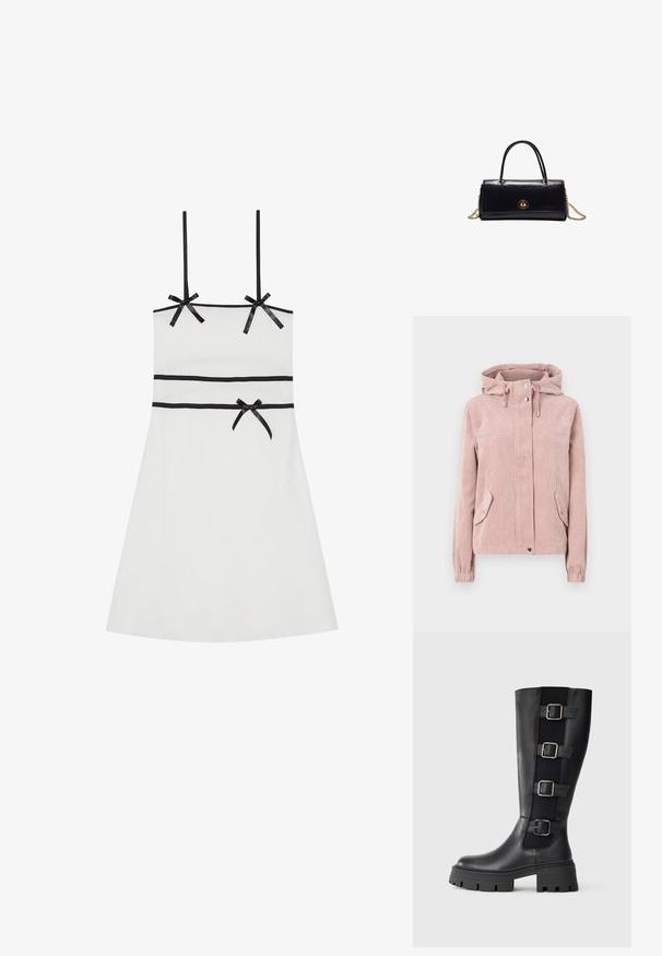 Veste en velours côtelé rose doux, avec une capuche, fermeture éclair à l'avant, poignets élastiques et deux poches latérales. Le tissu a une texture côtelée.; Robe sans manches blanche avec des accents de ruban noir aux épaules et à la taille. Texture lisse, longueur genou, silhouette ajustée, design à nervures subtiles.; Bottes noires en cuir, hauteur genou, avec trois sangles ajustables à boucles sur le côté, semelle en caoutchouc épaisse avec des rainures pour la traction.; Sac à main rectangulaire en cuir noir avec deux poignées supérieures, fermeture à torsion dorée, et bandoulière chaîne dorée détachable sur fond blanc.