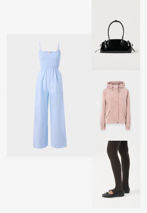 Fløjljakke i blød pink, med hætte, lynlås foran, elastiske manchetter og to sidelommer. Stoffet har en ribbet tekstur.; Lysblå jumpsuit lavet af blødt stof, med et smocked bodice, tynde stropper og vide ben for en løs pasform.; Ben iført mørke ribbede leggings kombineret med sorte balletsko med små sløjfedetaljer på hvid baggrund.; Lille sort blank håndtaske med to lange håndtag og snøre-detaljer i siden på en ensfarvet lys baggrund.