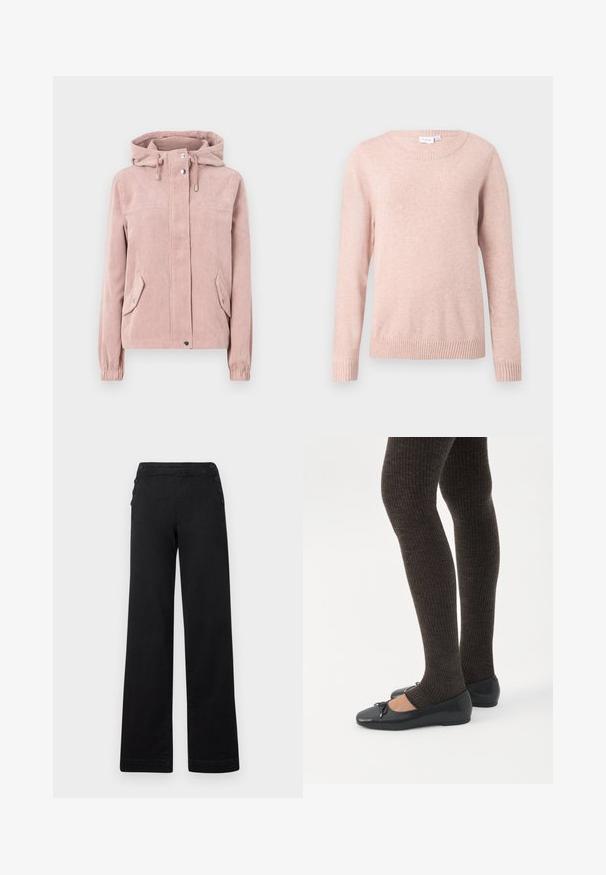 Fløjljakke i blød pink, med hætte, lynlås foran, elastiske manchetter og to sidelommer. Stoffet har en ribbet tekstur.; Lys pink sweater med rund halsudskæring, lange ærmer og ribbede manchetter og kant. Lavet af blødt stof med en glat tekstur.; Sorte brede bukser med høj talje, knapdetaljer på siderne og en glat denimtekstur med en ren finish.; Ben iført mørke ribbede leggings kombineret med sorte balletsko med små sløjfedetaljer på hvid baggrund.