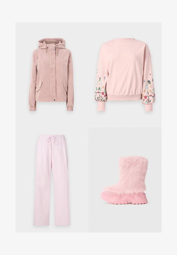Fløjljakke i blød pink, med hætte, lynlås foran, elastiske manchetter og to sidelommer. Stoffet har en ribbet tekstur.; Lyserød sweatshirt med rund hals, oversized ærmer og blomstermotiver i forskellige farver på ærmerne. Ribbet manchetter og kant.; Lyserøde pyjamasbukser i et struktureret stof med en løs pasform, der har en elastisk talje og snøre til justering.; Kraftig pink støvle med tekstureret sål og blød, fluffy faux fur der dækker hele det øverste af støvlen.