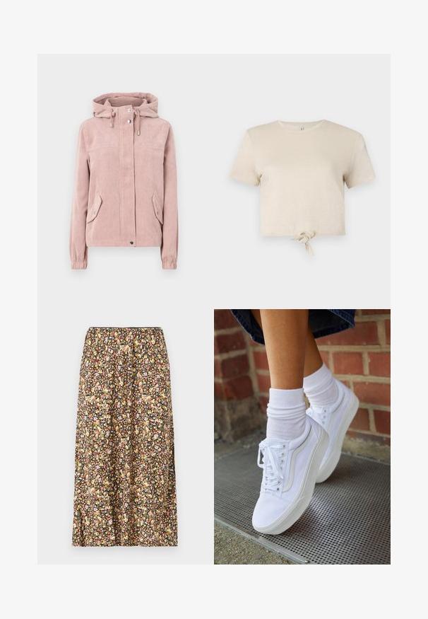 Veste en velours côtelé rose doux, avec une capuche, fermeture éclair à l'avant, poignets élastiques et deux poches latérales. Le tissu a une texture côtelée.; T-shirt beige court en tissu scintillant avec des manches courtes et un détail noué sur l'ourlet. Texture lisse et décolleté rond.; Jupe à motif floral sur fond noir, ornée de petites fleurs de couleur rose, jaune et blanche. Taille élastique et longueur à mi-genoux.; Baskets en toile blanches avec semelles en caoutchouc, dotées de six œillets, d'un bout rond et de détails de couture légers, portées avec des chaussettes blanches mi-mollet.