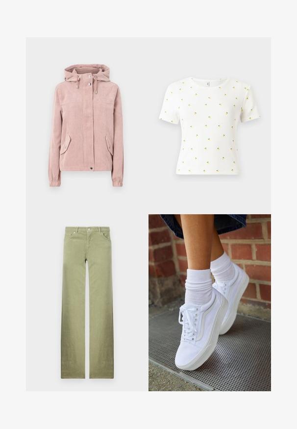 Fløjljakke i blød pink, med hætte, lynlås foran, elastiske manchetter og to sidelommer. Stoffet har en ribbet tekstur.; Hvid kortærmet T-shirt lavet af ribbet stof, med et spredt mønster af små gule ananaser med grønne blade.; Grønne bomuldsbukser med lige ben, der har frontlommer, knaplukning og en ren, struktureret stoffinish.; Hvide lærreds sneakers med gummisåler, der har seks snørehuller, rund tå og let sømdetaljer, krydret med hvide ankelstrømper.