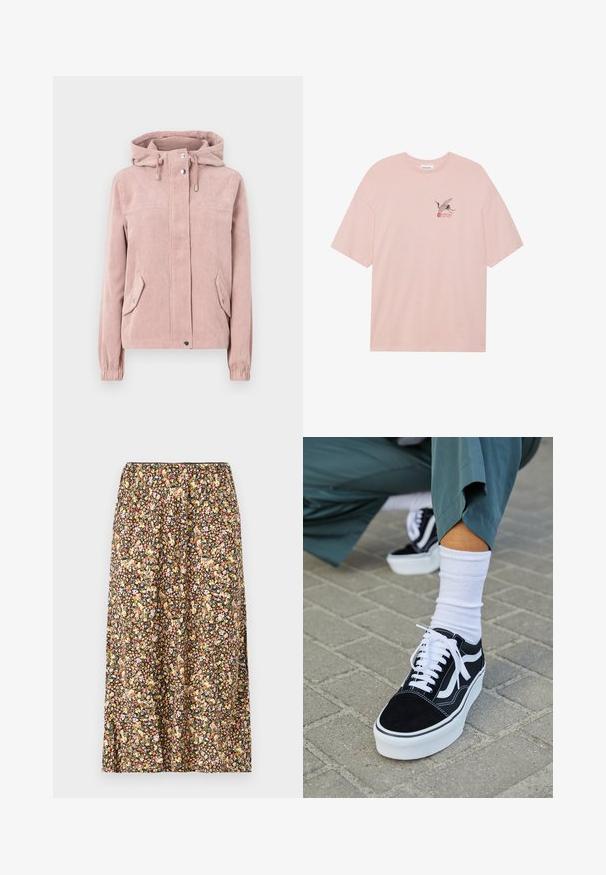Veste en velours côtelé rose doux, avec une capuche, fermeture éclair à l'avant, poignets élastiques et deux poches latérales. Le tissu a une texture côtelée.; T-shirt en coton rose clair avec un graphisme de grue noire et des accents rouges, portant le mot "SAKURA". Coupe décontractée et col rond.; Jupe à motif floral sur fond noir, ornée de petites fleurs de couleur rose, jaune et blanche. Taille élastique et longueur à mi-genoux.; Baskets en suède noir avec des accents et des lacets blancs, présentant une épaisse semelle blanche et des coutures contrastantes, associées à une chaussette blanche.