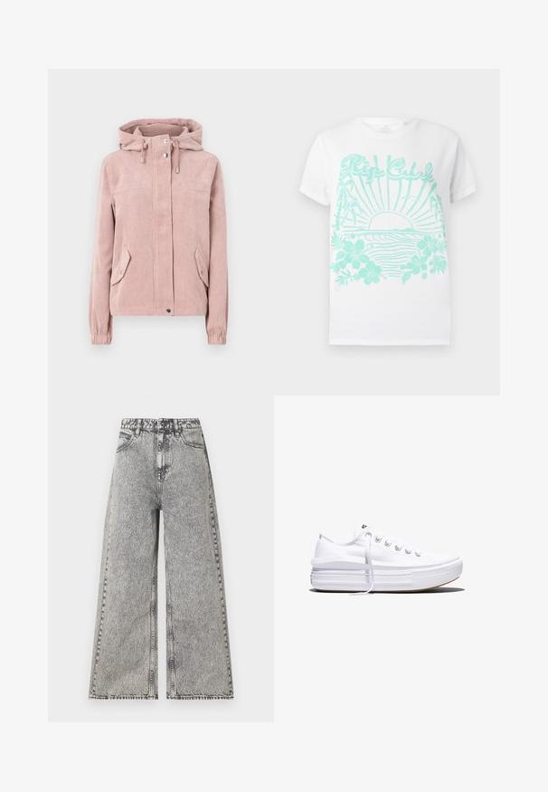 Comfortabele corduroy jas in zacht roze, met een capuchon, rits aan de voorkant, elastische manchetten en twee zijzakken. De stof heeft een ribbeltextuur.; Witte T-shirt met korte mouwen en turquoise print van een zon die ondergaat boven oceaangolven, palmboom, hibiscusbloemen en de tekst "Rip Curl".; Wijdlopende jeans in vervaagd zwart denim, met een hoge taille, klassiek vijf-pocket ontwerp en zichtbare stikdetails.; Witte lage canvas sneaker met dikke plateauzool, veters aan de voorkant en rubberen toeskap met structuur, zijaanzicht.
