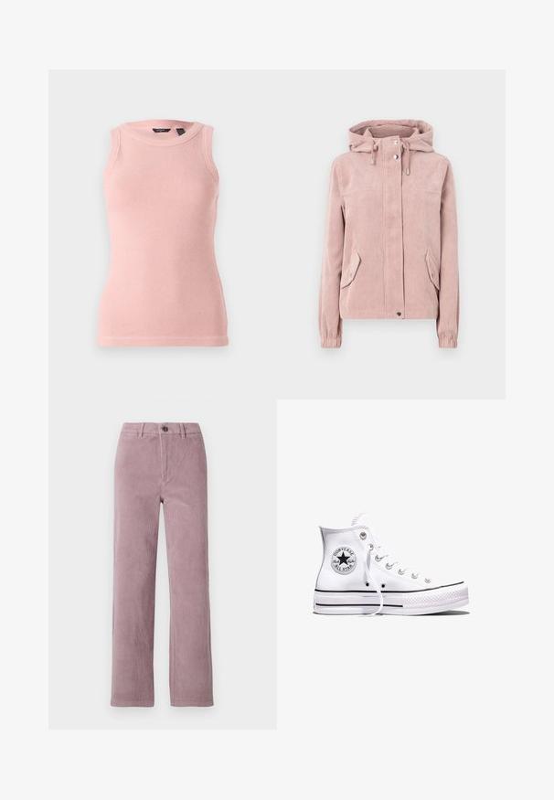 Veste en velours côtelé rose doux, avec une capuche, fermeture éclair à l'avant, poignets élastiques et deux poches latérales. Le tissu a une texture côtelée.; Débardeur en tricot léger rose clair sans manches avec un motif texturé, encolure ronde et bords côtelés. Design simple et ajusté.; Pantalon en velours côtelé de couleur mauve clair avec une coupe droite. Il présente une fermeture à bouton à l'avant et une texture à côtes verticales.; Baskets blanches montantes Converse Chuck Taylor All Star avec des rayures noires et un patch logo sur le côté, présentées sur un fond blanc uni.