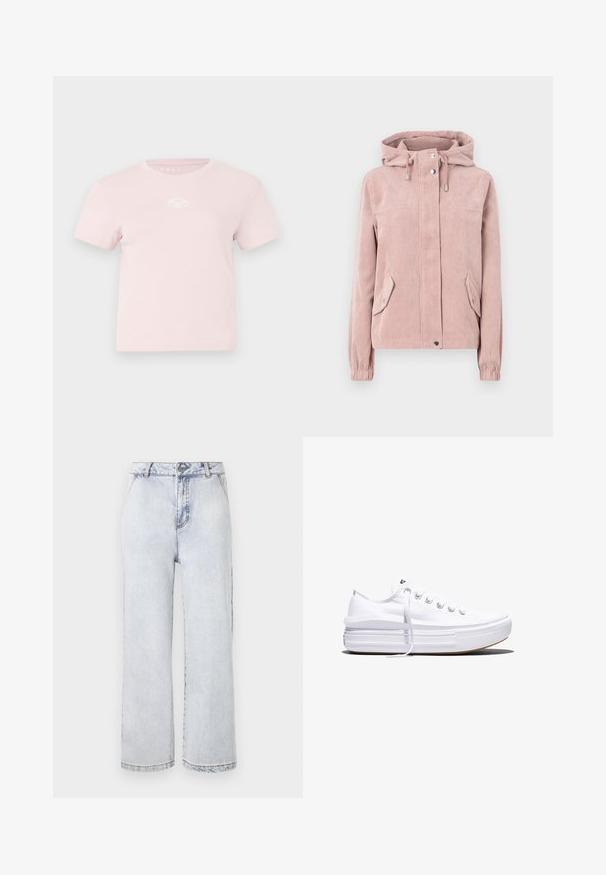 Fløjljakke i blød pink, med hætte, lynlås foran, elastiske manchetter og to sidelommer. Stoffet har en ribbet tekstur.; Lyserød bomulds t-shirt med korte ærmer, rund halsudskæring og et lille hvidt logo detalje på brystet. Glat tekstur og afslappet design.; Lyseblå denim bredbenede jeans med høj talje, med knaplukning, lige kant og minimal falming.; Hvid lavt snørestøvle med tyk plateau-sål, snørelukning foran og gummiforstærket tåkap, set i sideprofil.