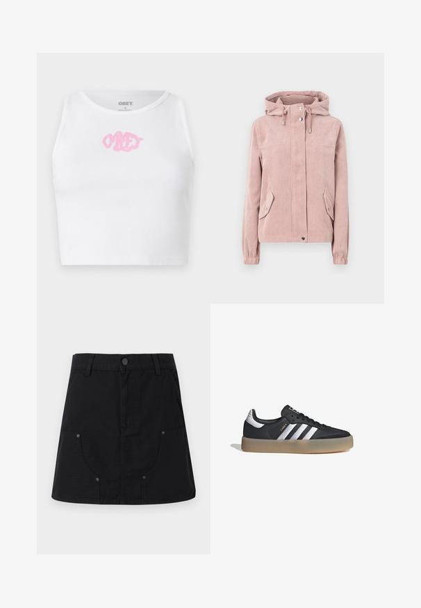 Chaqueta de pana en un suave color rosa, con capucha, cierre delantero con cremallera, puños elásticos y dos bolsillos laterales. La tela tiene una textura acanalada.; Top corto blanco de canalé con un logo rosa de "OBEY" en el centro. Diseñado con un escote redondo y sin mangas.; Falda de algodón negra con una cinturilla ajustada, cierre frontal de botones, dos bolsillos frontales curvados y costuras reforzadas a lo largo de las uniones.; Zapatilla deportiva de cuero negro con tres rayas plateadas, punta texturizada y suela de goma. Cuenta con un collar acolchado y un diseño con cordones.