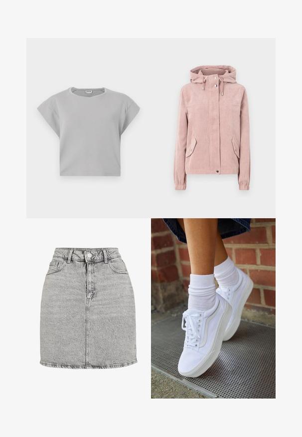 Cord-Jacke in sanftem Pink, mit Kapuze, Reißverschluss vorne, elastischen Bündchen und zwei Seitentaschen. Der Stoff hat eine gerippte Textur.; Helles grauer, verkürzter Sweatshirt mit kurzen, gerollten Ärmeln, rundem Ausschnitt und dezenten Stichdetails. Hergestellt aus weichem, atmungsaktivem Material.; Grauer Jeansrock mit hoher Taille, vorderem Knopfverschluss und zwei Seitentaschen. Mit einem ausgefransten Saum und einer dezenten Stone-Washed-Optik.; Weiße Leinensneaker mit Gummisohlen, ausgestattet mit sechs Ösen, runder Zehenpartie und dezenten Nähten, kombiniert mit weißen Knöchelsocken.