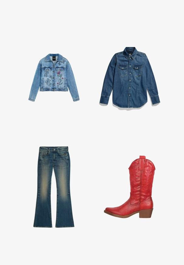 Blauwe spijkerjas met knopen aan de voorkant, geborduurde zwartomrande vlinders aan de linkerkant en roze wilde bloemen ontwerp op het rechter voorpaneel.; Denim overhemd in een diepblauwe kleur, met knopen aan de voorkant, twee borstzakken en een puntige kraag. Het heeft lange mouwen en een gebogen zoom.; Blauwe denim flare jeans met vervaagde voorste dijgebieden, vijf zakken, knoop en riemlussen, plat gelegd op een witte achtergrond.; Elara Cowboy-/Bikerlaarzen - rot