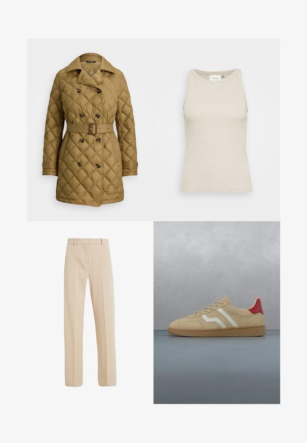 Quiltet, tan pufferjakke med dobbeltrækknapper, belagt talje og to sidelommer, med krave og ribbede manchetter.; Lys beige tank top lavet af ribbestrikket stof med en rund halsudskæring og ærmeløs design. Har en diskret mærkeetiket indeni.; Beige skræddersyede bukser lavet af glat stof, med lige ben, sidelommer og folder nedad foran.; Beige ruskindssneaker med rød hældetalje, hvide striber og en tekstureret tanfarvet gummisål. Har snørebånd og glat inderside.