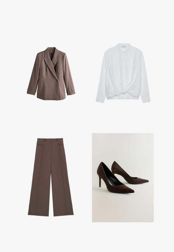 Chaqueta blazer color topo con un solo botón, solapas anchas y mangas largas sobre un fondo blanco liso.; Camisa blanca de manga larga con cuello, con botón en el frente y detalle de nudo torcido en el dobladillo. Tela suave con un corte relajado.; Pantalones de pierna ancha en tejido marrón oscuro, con un frente plano, dos bolsillos delanteros y detalles de costura sutiles, con una textura suave.; Tacones altos de ante marrón con punta afilada y una silueta elegante. Los zapatos presentan un interior negro brillante y un tacón de aguja delgado.