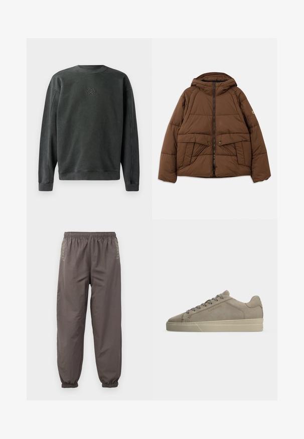 Brun polstret jakke med hætte, med lynlås lukning, to forlommer med klap og en boxy form. Fremstillet af quiltet materiale.; Mørkegrå sweatshirt med rund hals, ribbede manchetter og kant. Har et lille broderet design i midten. Blødt, struktureret stof.; Mørkegrå, elastiske bukser med en afslappet pasform. Har samlede manchetter og subtil broderi på siderne. Letvægtsstof.; Beige ruskind lavtopsneaker med tonale snørebånd, cremefarvet gummisål og "FILLING PIECES" præget på sidepanelet.