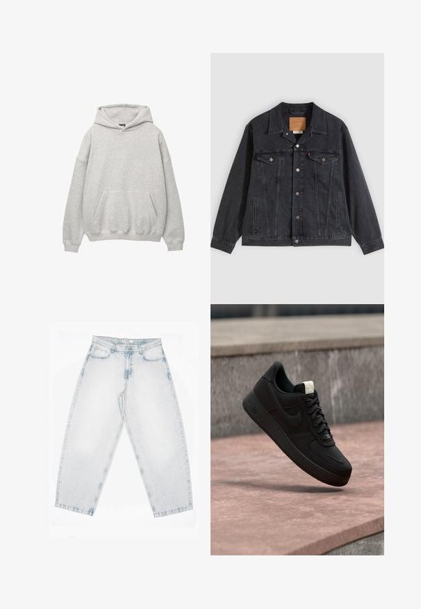 Veste en denim noir avec fermeture à boutons, deux poches poitrine, poches latérales et texture côtelée verticale. Patch en cuir à l'intérieur du col.; Hoodie gris fabriqué en tissu éponge doux, avec une grande poche avant, une capuche à cordon de serrage et des épaules tombantes pour un ajustement décontracté.; Jean en denim délavé clair avec une taille haute, des jambes droites et larges, une fermeture à boutons et zip, ainsi que des poches à l'avant et à l'arrière.; Baskets Nike Air Force 1 noires flottant au-dessus d’un rebord en béton rose avec un fond en pierre grise, montrant des détails latéraux et supérieurs.