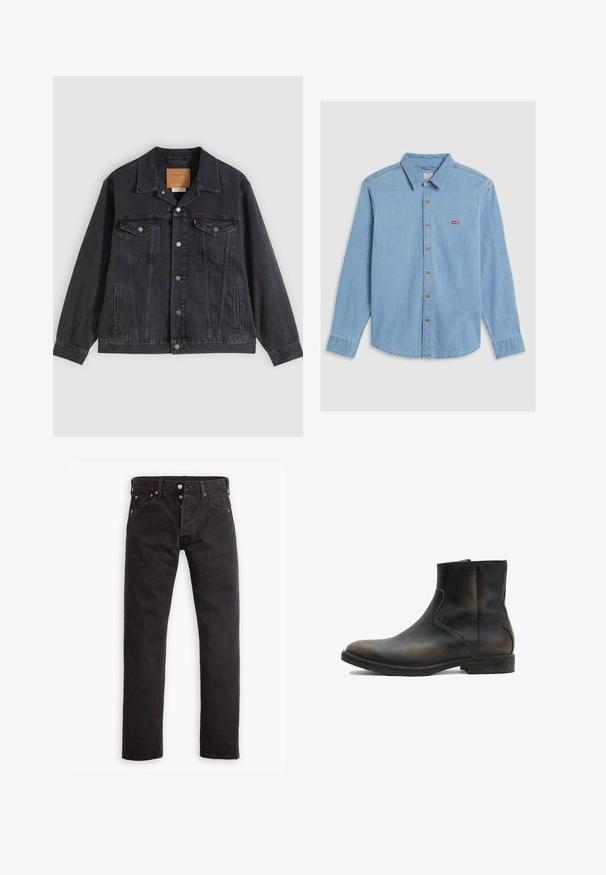 Sort denimjakke med knappelukning foran, to brystlommer, sidelommer og lodret ribbet struktur. Læderpatch på kravens inderside.; Lyseblå denimskjorte med lange ærmer, knaplukning foran og spidse kraver. Har brune knapper og et lille rødt logo-patch.; Sorte slim-fit jeans med knapåbning, fem lommer og kobbernitter liggende fladt på en hvid baggrund.; AllSaints LANG - Støvletter - brown