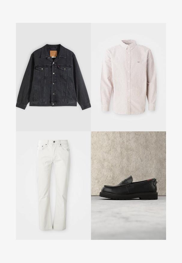 Veste en denim noir avec fermeture à boutons, deux poches poitrine, poches latérales et texture côtelée verticale. Patch en cuir à l'intérieur du col.; Chemise à manches longues blanche avec de fines rayures rouges, col boutonné, boutons sur le devant et petit logo brodé sur la poitrine gauche.; Jean clair en mélange de coton. Design à jambe droite avec cinq poches et fermeture à bouton en métal. Texture lisse.; Mocassin en cuir noir avec semelle robuste et doublure intérieure rouge, positionné en suspension au-dessus d'un tapis beige et près d'un meuble en bois.