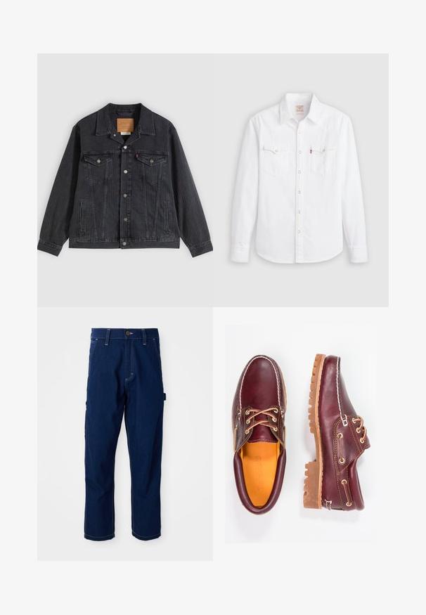 Schwarze Jeansjacke mit Knopfleiste, zwei Brusttaschen, Seitentaschen und vertikal geripptem Muster. Lederpatch auf der Innenseite des Kragens.; Weißes langärmeliges Hemd mit Knöpfen, spitzem Kragen, zwei Brusttaschen mit Klappen und Druckknöpfen an Vorderseite und Bündchen.; Dunkelblaue gerade geschnittene Jeans-Arbeitshosen mit weißen Nähten, Gürtelschlaufen, Fronttaschen und einer seitlichen Utility-Schlaufe auf weißem Hintergrund.; Bordeauxfarbene Lederschuhe mit braunen Gummisohlen, runder Zehenform, weißen Nähten und goldenen Ösen. Das Innenfutter weist eine gelbe Beschichtung auf.
