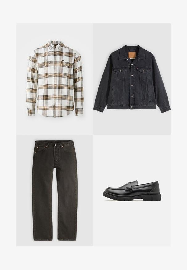 Zwarte spijkerjasje met een knoopsluiting aan de voorkant, twee borstzakken, zijzakken en een verticale geribbelde textuur. Leren patch aan de binnenkant van de kraag.; Lee CLEAN WESTERN - Overhemd - ecru ochre plaid; Zwarte spijkerbroek met rechte pijpen, voorste knoop en rits, vijf zakken en koperen klinknagels op een lichtgrijze achtergrond.; Zwarte leren instapper met een brede band over de voet, rubberen zool met dikke noppen en een gladde textuur. Klassiek, strak ontwerp.