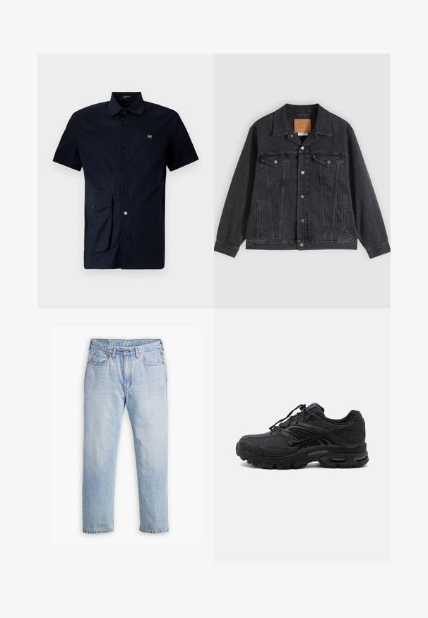 Veste en denim noir avec fermeture à boutons, deux poches poitrine, poches latérales et texture côtelée verticale. Patch en cuir à l'intérieur du col.; Chemise à manches courtes bleu marine à boutons en coton, dotée d'une poche plaquée sur le côté gauche et d'un petit logo brodé sur la poitrine.; Jean en denim bleu clair avec une coupe droite, style cinq poches et coutures contrastantes. Fermeture à bouton et à glissière à la taille.; Baskets de sport noires avec tissu texturé, semelle épaisse et rembourrée, aérations et fermeture à lacets, vues de profil sur fond clair.