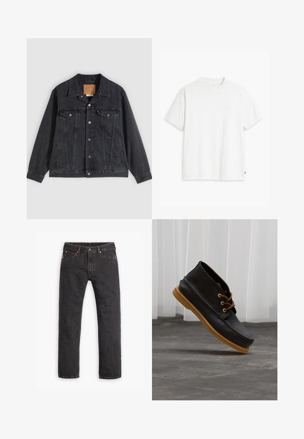 Veste en denim noir avec fermeture à boutons, deux poches poitrine, poches latérales et texture côtelée verticale. Patch en cuir à l'intérieur du col.; T-shirt en coton blanc à manches courtes, col rond, avec un logo "Levi's" discret imprimé en couleur claire sur le devant.; Jeans en denim noirs à jambes droites avec cinq poches, fermeture à bouton et rivets cuivrés, posés à plat sur un fond blanc.; Chaussures en cuir noir avec une finition lisse, bout rond, lacets marron et semelles en caoutchouc marron clair. Logo embossé sur le côté.