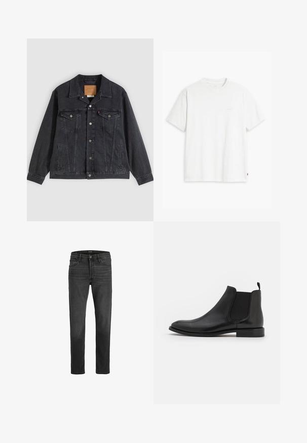 Veste en denim noir avec fermeture à boutons, deux poches poitrine, poches latérales et texture côtelée verticale. Patch en cuir à l'intérieur du col.; T-shirt en coton blanc à manches courtes, col rond, avec un logo "Levi's" discret imprimé en couleur claire sur le devant.; Jean en denim noir avec une coupe droite, design à cinq poches et fermeture éclair. Présente un léger délavage et des coutures contrastées.; Bottine Chelsea en cuir noir avec des panneaux latéraux élastiques, un bout arrondi et un petit talon. Texture lisse avec un design minimaliste.