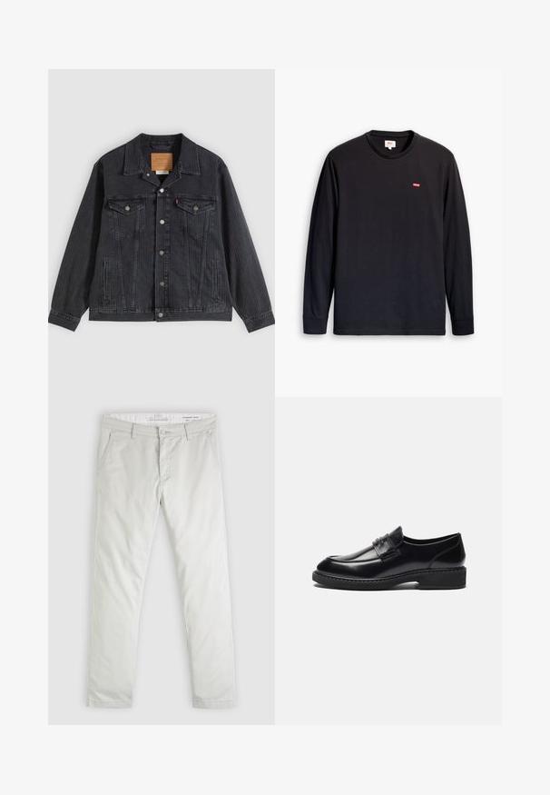Veste en denim noir avec fermeture à boutons, deux poches poitrine, poches latérales et texture côtelée verticale. Patch en cuir à l'intérieur du col.; T-shirt noir à manches longues en coton. Présente un col rond et un petit logo rouge sur la poitrine. Texture lisse, coupe standard.; Pantalon chino gris clair à jambes droites avec passants pour ceinture, poches avant et fermeture éclair, étiqueté coupe standard effilée, taille 32.; Zign by Zalando LEATHER - Mocassins de ville - black