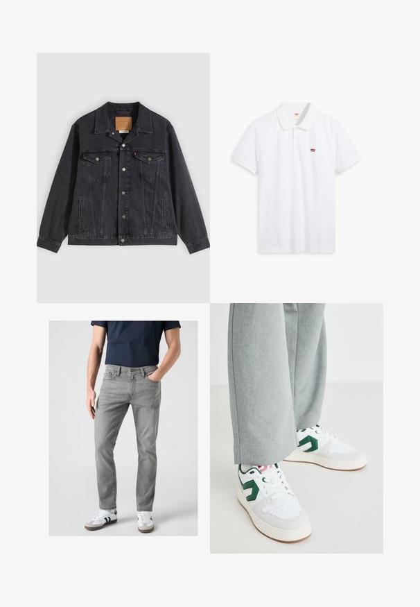 Sort denimjakke med knappelukning foran, to brystlommer, sidelommer og lodret ribbet struktur. Læderpatch på kravens inderside.; Hvid polo t-shirt lavet af bomuld. Har en tre-knaps stolpe, korte ærmer og et lille rødt Levi's-logo på venstre bryst.; Mand iført grå slim-fit jeans, hvide sneakers med sorte striber og en mørkeblå kortærmet skjorte, står med den ene hånd i lommen.; Hvide og grønne sneakers med glat læder og ruskindsmaterialer, der har en fremtrædende grøn logo-accents og hvide snørebånd. Grå bukser er delvist synlige.