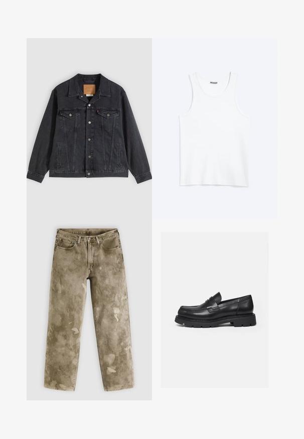 Veste en denim noir avec fermeture à boutons, deux poches poitrine, poches latérales et texture côtelée verticale. Patch en cuir à l'intérieur du col.; Débardeur blanc sans manches avec col rond et étiquette de la marque Weekday à l'intérieur du col arrière, présenté à plat sur un fond clair.; Jean large couleur kaki avec une texture usée, présentant des éclaboussures de peinture claires et un design à cinq poches. Confectionné en denim.; Mocassin en cuir noir avec semelle épaisse crantée et détail de bride penny, présenté en profil droit sur fond blanc.
