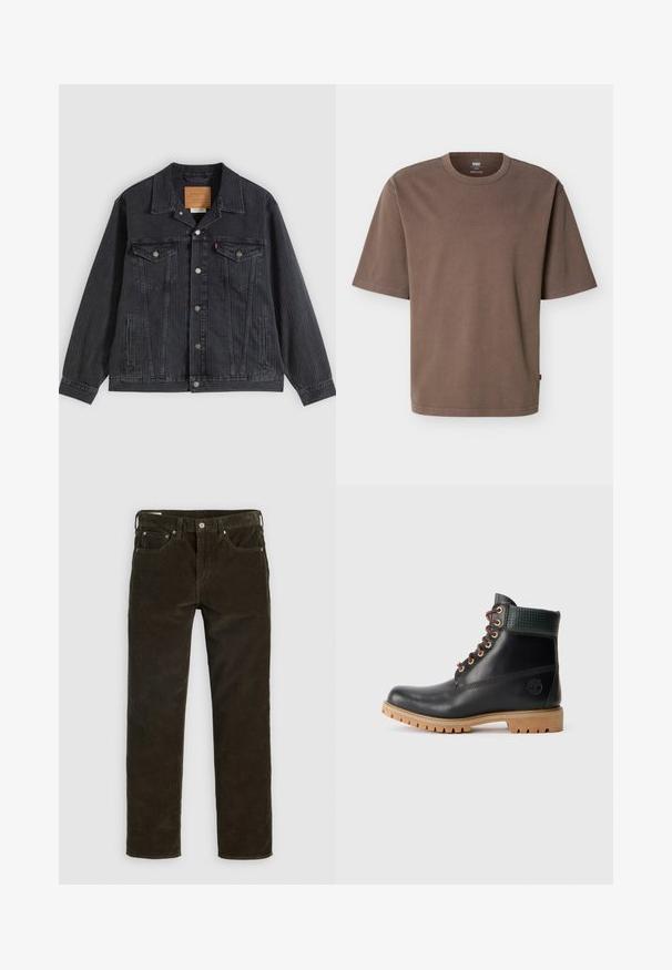 Schwarze Jeansjacke mit Knopfleiste, zwei Brusttaschen, Seitentaschen und vertikal geripptem Muster. Lederpatch auf der Innenseite des Kragens.; Locker sitzendes, braunes T-Shirt aus Baumwolle mit kurzen Ärmeln, Rundhalsausschnitt und einem kleinen roten Levi's-Label an der Seitennaht.; Braune Cordhosen mit geradem Bein, fünf Taschen, sichtbaren Nähten und einer strukturierten Stoffoberfläche. Metallknopfverschluss hinten.; Schwarze Leder Stiefelette mit braunen Schnürsenkeln, gepolstertem grünen Kragen und beigefarbenem Gummisohle mit tiefen Profilen, seitliche Ansicht auf weißem Hintergrund.