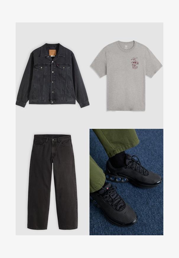 Sort denimjakke med knappelukning foran, to brystlommer, sidelommer og lodret ribbet struktur. Læderpatch på kravens inderside.; Lysegrå T-shirt med rund hals, med lille vinrød grafik af en brødrister under en paraply og teksten "Keeping them buns toasty since 1873" på venstre bryst.; Sorte denimjeans med lige ben, fem lommer og bæltestropper, vist fladt på en ensartet lys baggrund.; Sorte sportssko med mesh-overdel, tekstureret overflade og synlige luftpolstringselementer. Kombineret med olivengrønne bukser og sorte sokker.