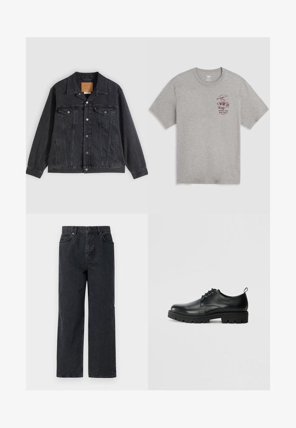 Schwarze Jeansjacke mit Knopfleiste, zwei Brusttaschen, Seitentaschen und vertikal geripptem Muster. Lederpatch auf der Innenseite des Kragens.; Hellgraues T-Shirt mit Rundhalsausschnitt und kleinem dunkelrotem Motiv eines Toasters unter einem Regenschirm sowie dem Text "Keeping them buns toasty since 1873" auf der linken Brust.; Dunkelblaue Denim-Hosen mit weitem Bein, Fünf-Taschen-Design und Knopfverschluss. Enthält Hardware in kupferfarbener Ausführung und eine subtile Textur.; Schwarze Lederschuhe mit runder Zehenform, ausgestattet mit einer Schnürung, robustem schwarzen Gummisohle und einer kleinen Fersenschlaufe auf der Rückseite.