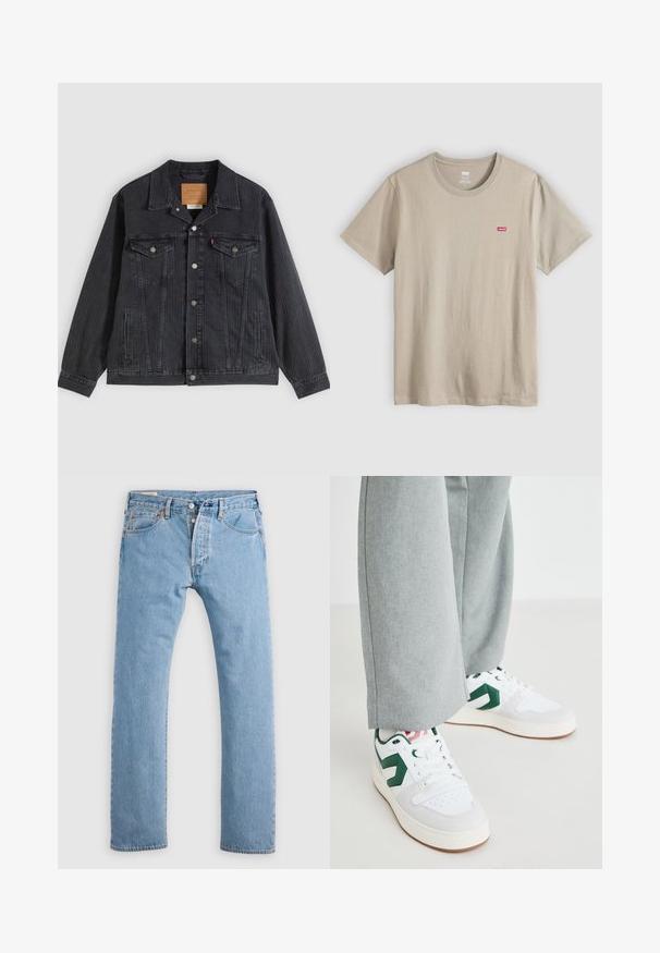 Sort denimjakke med knappelukning foran, to brystlommer, sidelommer og lodret ribbet struktur. Læderpatch på kravens inderside.; Beige bomulds-t-shirt med korte ærmer, rund hals og lille rødt Levi's logo på venstre bryst. Glat tekstur, afslappet design.; Lys blå lige ben denim jeans med knaplukning, bæltestropper og for- og baglommer, vist på en hvid baggrund.; Hvide og grønne sneakers med glat læder og ruskindsmaterialer, der har en fremtrædende grøn logo-accents og hvide snørebånd. Grå bukser er delvist synlige.