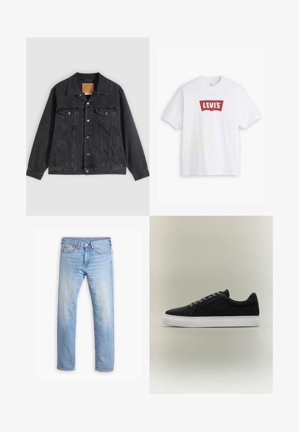Black denim jacket featuring a button-up front, two chest pockets, side pockets, and vertical ribbed texture. Leather patch on the collar's interior.; White cotton t-shirt featuring a red Levi's logo in a curved design. Short sleeves, round neckline, smooth texture, standard fit.; Light blue denim jeans with a straight cut, five pockets, and a button fly. Features subtle fading and orange stitching accents.; Black low-top sneaker with white rubber sole, lace-up design, and padded collar displayed on a neutral gray background.