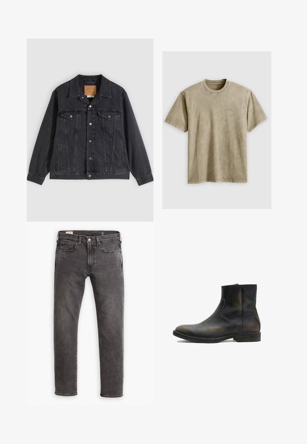 Sort denimjakke med knappelukning foran, to brystlommer, sidelommer og lodret ribbet struktur. Læderpatch på kravens inderside.; Lysbrun, kortærmet t-shirt med rund hals, lavet af blødt stof. Har et lille, broderet logo på brystet.; Grå denimjeans med lige pasform, fem-lomme design og knaplukning. Har subtil falmning og tonalt syning over hele. ; AllSaints LANG - Støvletter - brown