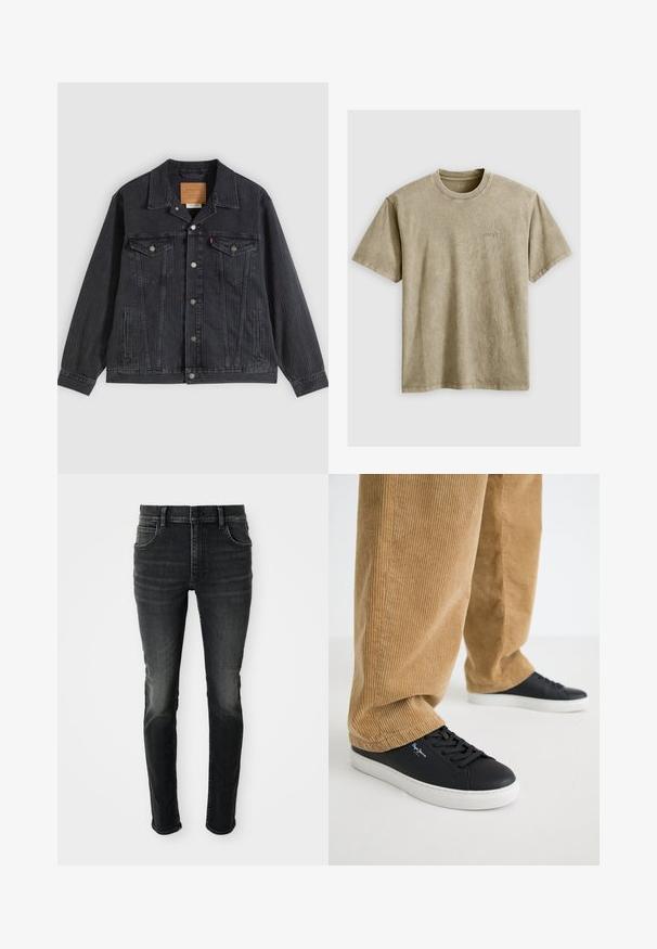 Schwarze Jeansjacke mit Knopfleiste, zwei Brusttaschen, Seitentaschen und vertikal geripptem Muster. Lederpatch auf der Innenseite des Kragens.; Helles braunes T-Shirt mit kurzen Ärmeln und Rundhalsausschnitt, aus weichem Stoff gefertigt. Verfügt über ein kleines, gesticktes Logo auf der Brust.; Dunkelgraue, hoch taillierte Skinny-Jeans mit einem verblassten Look. Mit fünf Taschen, Gürtelschlaufen und einem klassischen Knopfverschluss.; Schwarze Ledersneaker mit weißen Gummisohlen. Getragen mit beigen Cordhosen, die vertikale Rippungen und eine lockere Passform aufweisen.
