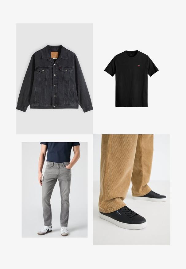 Schwarze Jeansjacke mit Knopfleiste, zwei Brusttaschen, Seitentaschen und vertikal geripptem Muster. Lederpatch auf der Innenseite des Kragens.; Schwarzes Baumwoll-T-Shirt mit Rundhalsausschnitt, kurzen Ärmeln und einem kleinen roten Levi's-Logo auf der linken Brust. Leicht und im einfachen Design.; Mann trägt graue Slim-Fit-Jeans, weiße Sneaker mit schwarzen Streifen und ein dunkelblaues kurzärmeliges Hemd, steht mit einer Hand in der Tasche.; Schwarze Ledersneaker mit weißen Gummisohlen. Getragen mit beigen Cordhosen, die vertikale Rippungen und eine lockere Passform aufweisen.