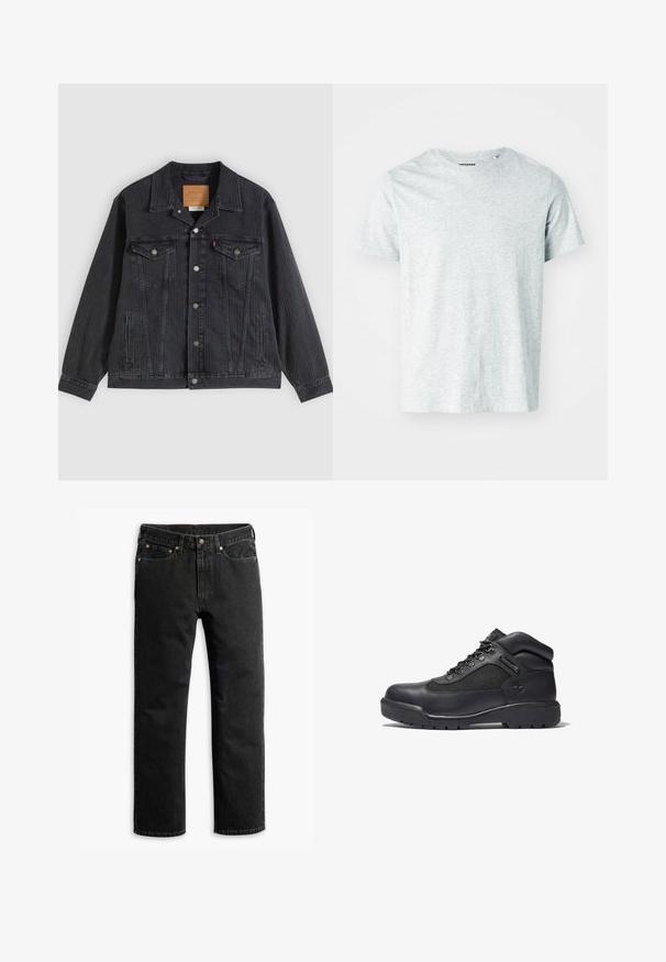 Veste en denim noir avec fermeture à boutons, deux poches poitrine, poches latérales et texture côtelée verticale. Patch en cuir à l'intérieur du col.; T-shirt gris clair à manches courtes en tissu doux, avec un col rond et une coupe légèrement décontractée. Aucun motif ou graphique visible.; Jean en denim noir à jambe droite avec cinq poches, passants de ceinture et fermeture par bouton à la taille, disposé à plat sur un fond blanc.; Bottines de randonnée noires en cuir et mesh, avec un col rembourré, un laçage à l'avant, une semelle en caoutchouc avec traction et un logo embossé.