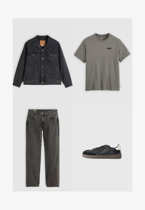 Zwarte spijkerjasje met een knoopsluiting aan de voorkant, twee borstzakken, zijzakken en een verticale geribbelde textuur. Leren patch aan de binnenkant van de kraag.; Groen Levi's T-shirt met korte mouwen en ronde hals, met zwart logo op de linkerborst en een klein rood label aan de linkernaad.; Zwarte vervaagde rechte broek met vijf zakken, knoopsluiting en riemlussen, plat gelegd op een witte achtergrond.; Replay POLYS SCENT - Sneakers laag - black/off white