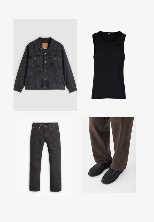 Zwarte spijkerjasje met een knoopsluiting aan de voorkant, twee borstzakken, zijzakken en een verticale geribbelde textuur. Leren patch aan de binnenkant van de kraag.; Zwarte mouwloze geribde tanktop met een ronde hals; zachte textuur met een aansluitende snit; geen zichtbare patronen of accenten.; Zwarte denim jeans met rechte pijpen, vijf zakken, knoopsluiting en koperen klinknagels, plat gelegd op een witte achtergrond.; Zwarte leren schoenen met een gladde afwerking, ronde neus en vetersluiting, gecombineerd met textuurrijke bruine broek. Vanuit een laag perspectief gezien.